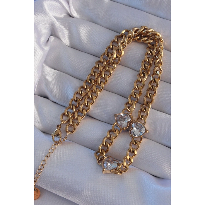 316L Çelik Gold Renk Zirkon Taşlı Kalp Model Zincir Kolye
