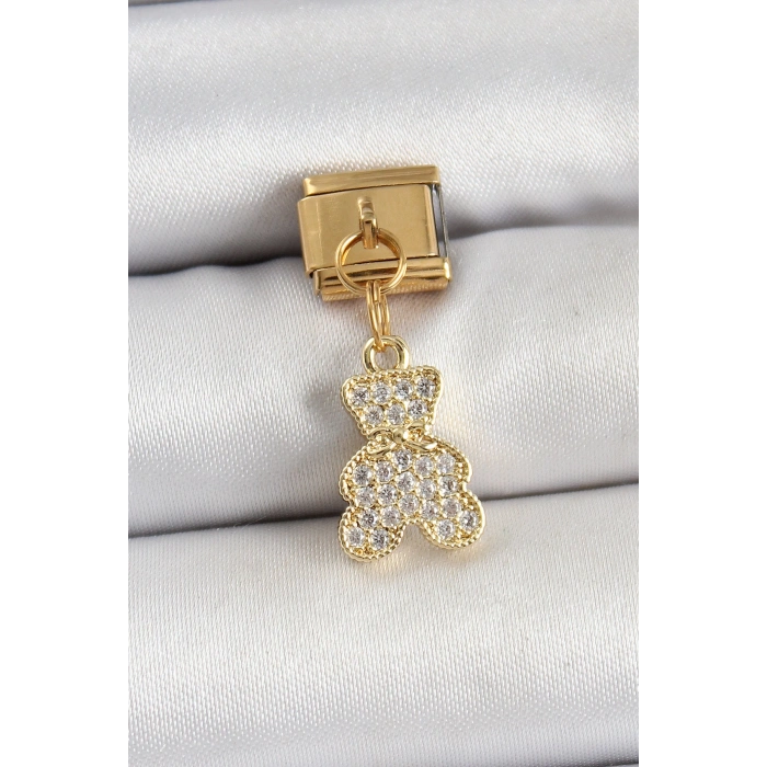 316L Çelik Sallantılı Zirkon Taşlı Ayıcık Model Gold Renk Nomination Charm