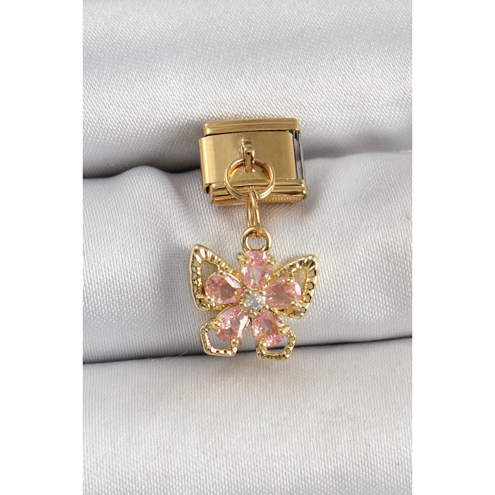 316L Çelik Sallantılı Zirkon Taşlı Çiçek Figürlü Kelebek Model Gold Renk Nomination Charm