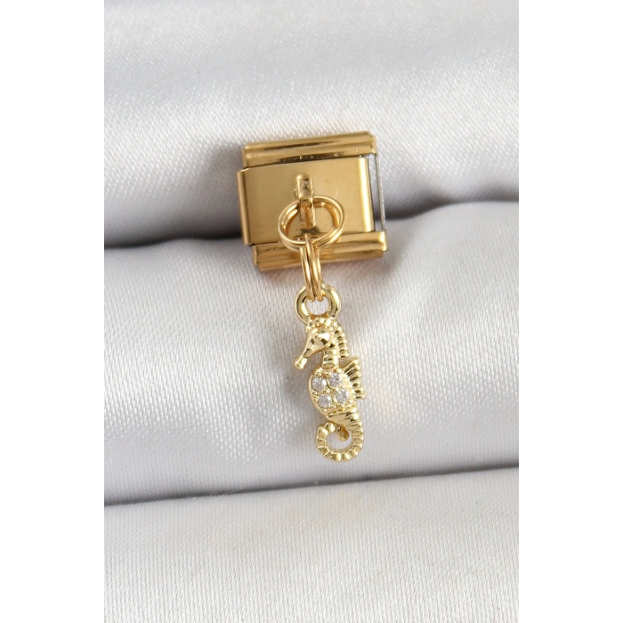 316L Çelik Sallantılı Zirkon Taşlı Deniz Atı Model Gold Renk Nomination Charm