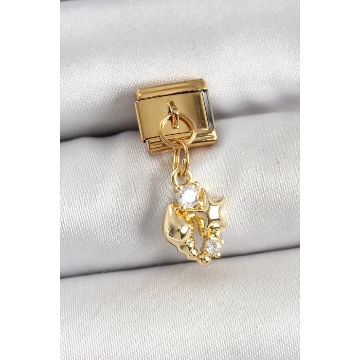 316L Çelik Sallantılı Zirkon Taşlı Deniz Kabuğu Ve Yıldız Model Gold Renk Nomination Charm