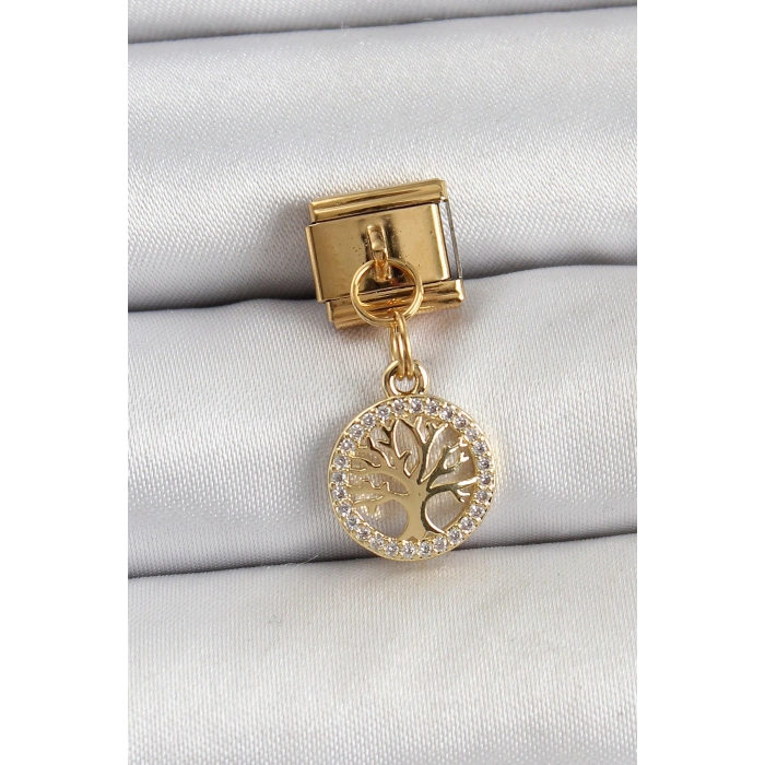 316L Çelik Sallantılı Zirkon Taşlı Hayat Ağacı Model Gold Renk Nomination Charm