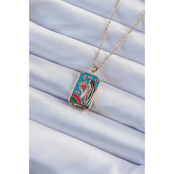 316L Çelik Zincir Altın Renk Taç ve Kız Figürlü Renkli Mineli Tarot Kolye