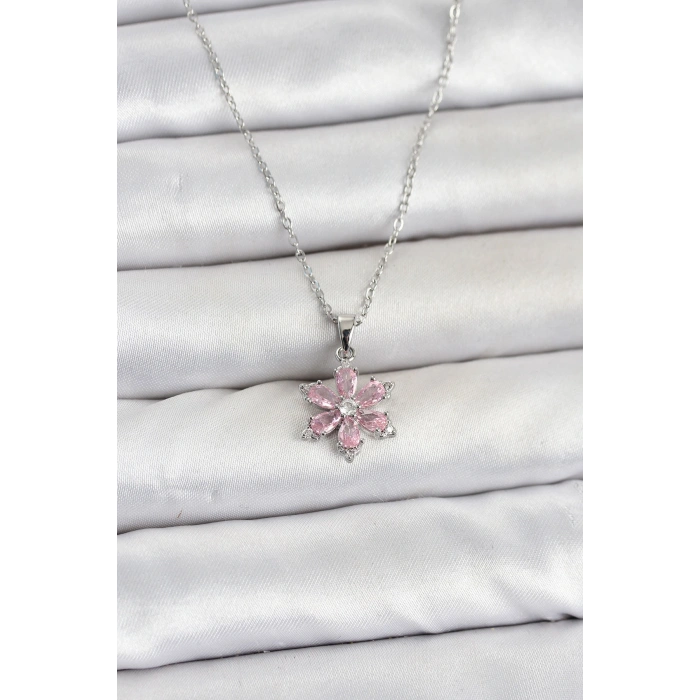 316L Çelik Zincir Gümüş Renk Pembe Zirkon Taşlı Lotus Model Kadın Kolye