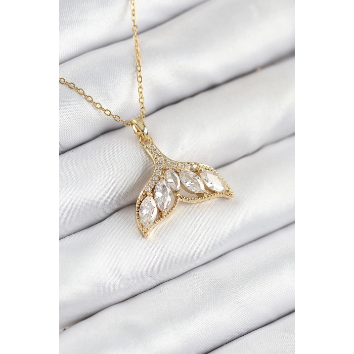 316L Çelik Zirkon Taşlı Balık Kuyruğu Model Gold Renk Kadın Kolye