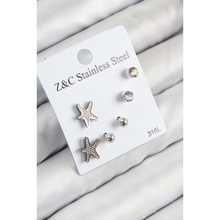 316L Çelik Zirkon Taşlı Deniz Yıldızı Model Gümüş Renk Kadın Set Küpe