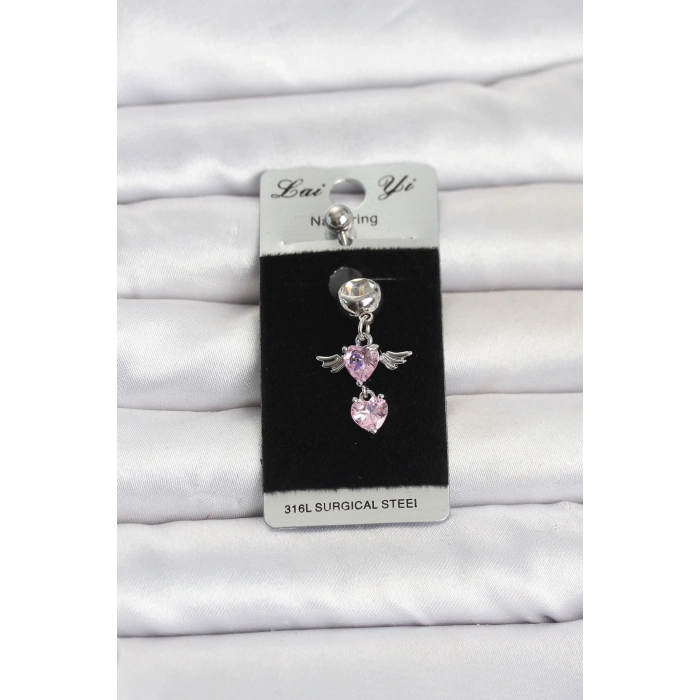 316L Cerrahi Çelik Pembe Zirkon Taşlı Kanat Model Göbek Piercing
