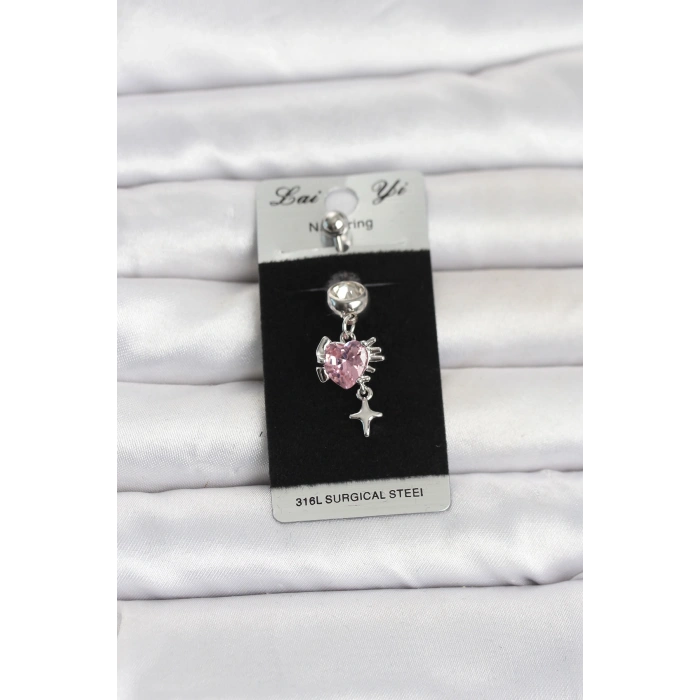 316L Cerrahi Çelik Pembe Zirkon Taşlı Model Göbek Piercing