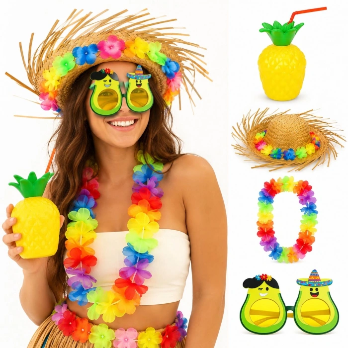 4 Parça Hawaii Parti Seti (Ananas Bardak +Hasır Şapka +Avokado Gözlük +Çiçek Kolye)