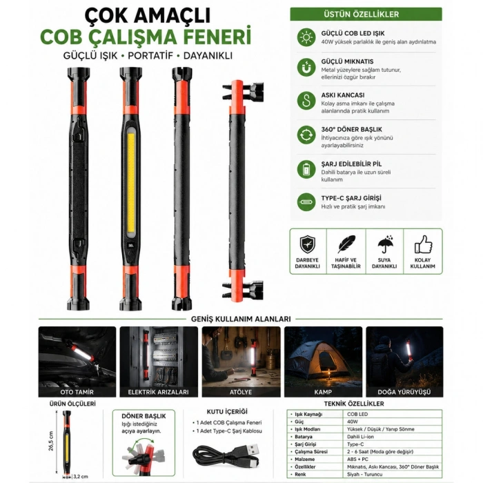 40W LED Şarjlı Çalışma Lambası (Mıknatıslı Askılı Type-C, GS2080)