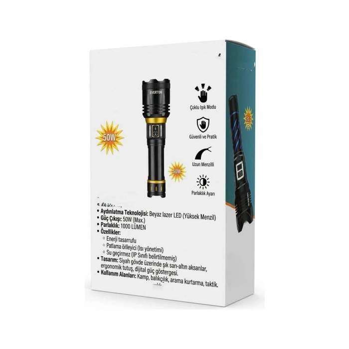 Şarjlı LED El Feneri (50W, 1000Lümen, Beyaz Işık - RT-453)