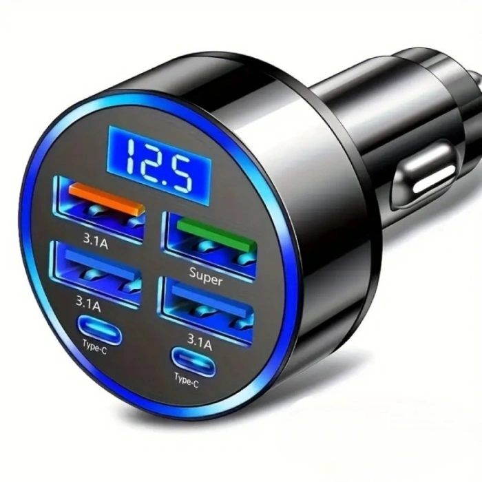 6 Portlu Hızlı Araç Şarj Cihazı (4 USB, 2 Type-C Çıkış,Dijital Gösterge)