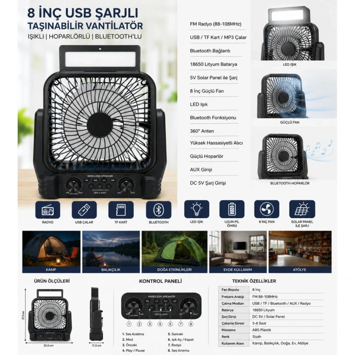 8 inç Solar Kamp Vantilatörü (FM Radyo, Bluetooth Hoparlör, LED Işık, PD950)