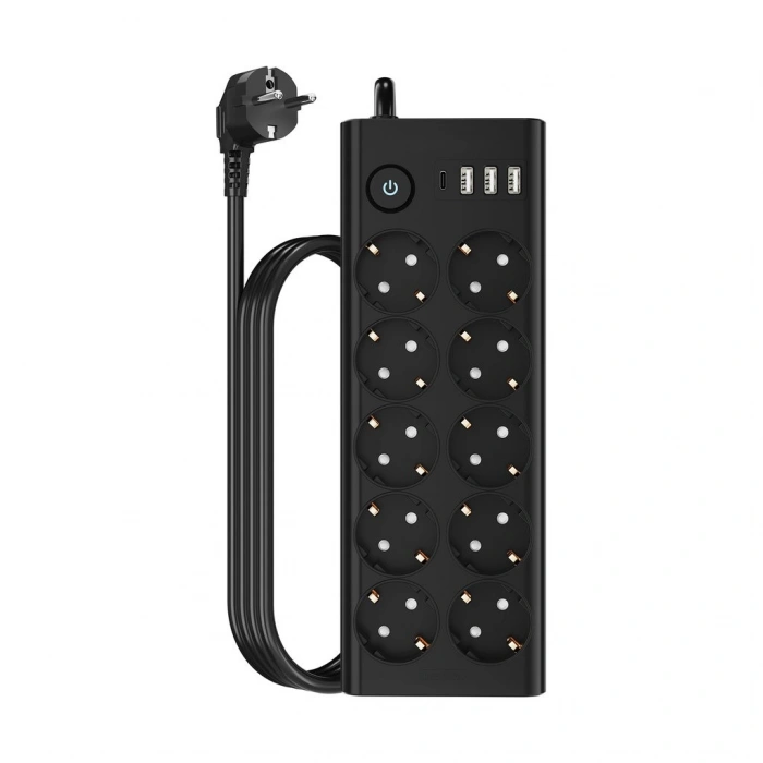 Akım Korumalı 2Mt Uzatma Çoklu Priz (10 lu, 3 USB, 1 Type-C, 3680W 16A Anahtarlı, FTR14)