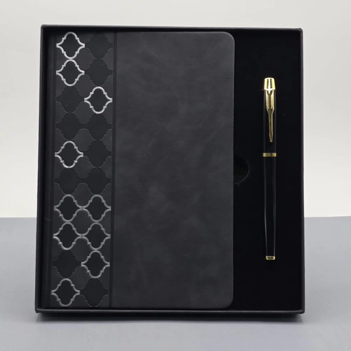 Desenli Siyah Deri Defter Kalem Set