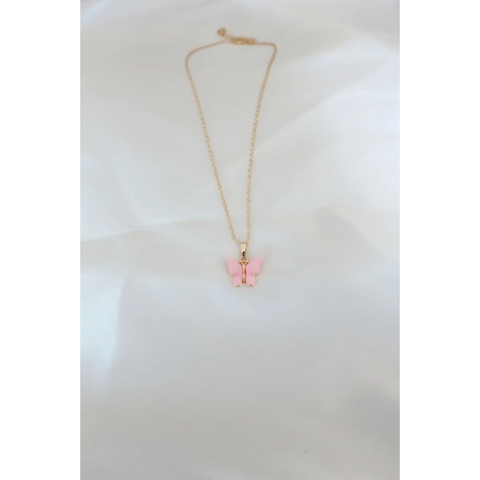 Gold Kaplama Pembe Sedefli Kelebek Kolye