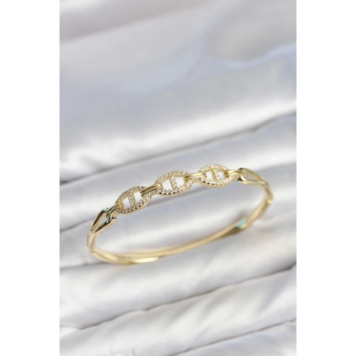 Gold Renk Gemi Zinciri Model Zirkon Taşlı Kadın Kelepçe Bileklik