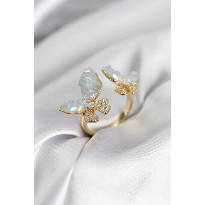 Gold Renk Mavi Kelebek Model Zirkon Taşlı Kadın Yüzük