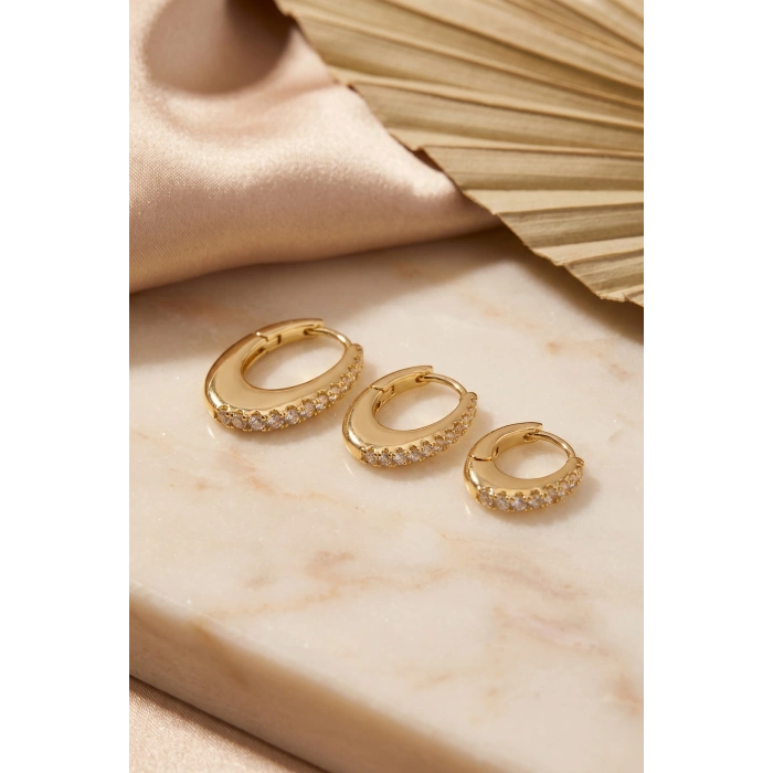 Gold Renk Oval Halka Model Zirkon Taşlı 3 lü Küpe Set