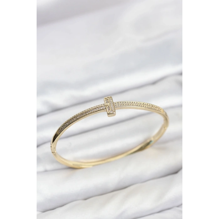 Gold Renk T Model Zirkon Taşlı Kadın Kelepçe Bileklik