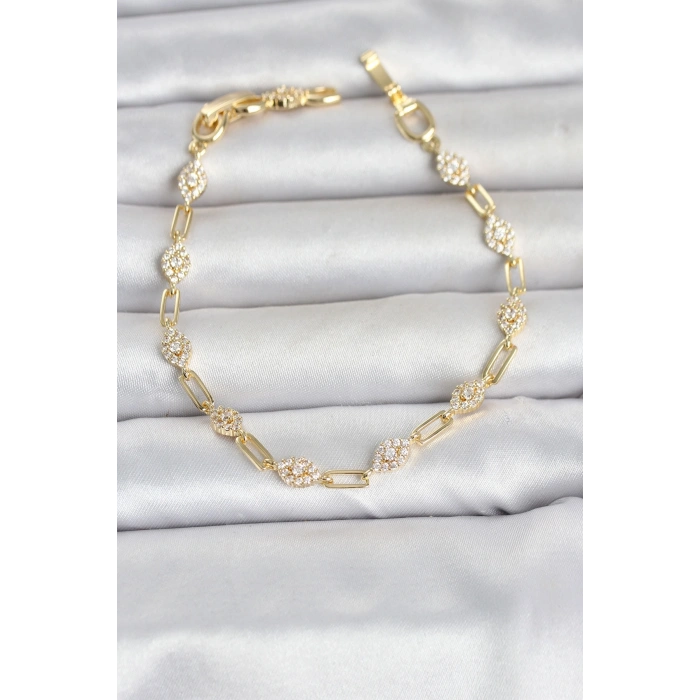 Gold Renk Zirkon Taşlı Ataç Zincir Model Kadın Bileklik