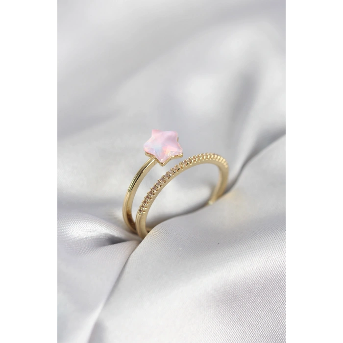 Gold Renk Zirkon Taşlı Pembe Halley Model Kadın Yüzük