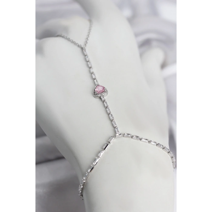 Gümüş Renk Pirinç Zirkon Taşlı Pembe Kalp Model Şahmeran