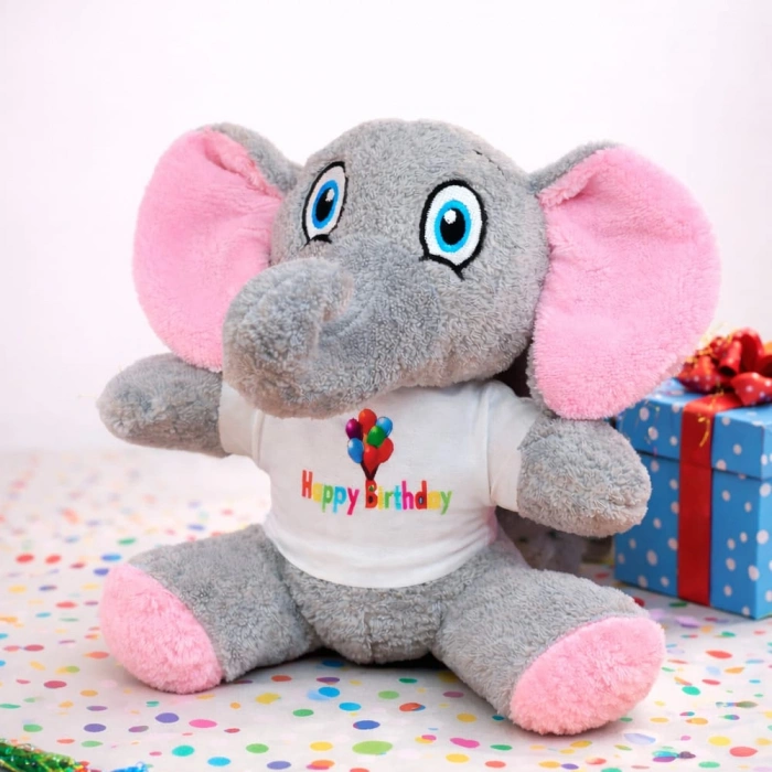 25cm Peluş Oyuncak Fil (Happy Birthday Tişörtlü)