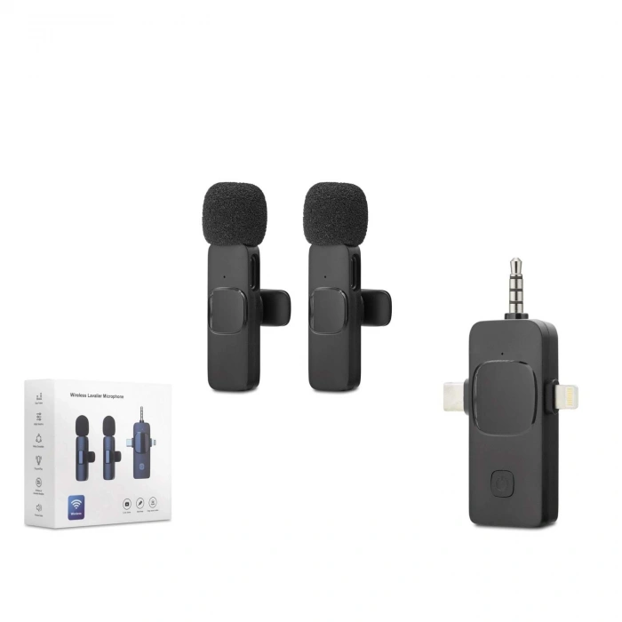 Kablosuz Çift Mikrofon 3.5 Mm + Type-C + Lıghtnıng Siyah HDX2782