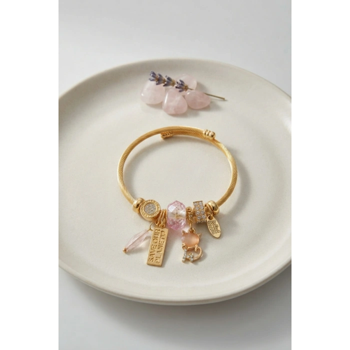 Kedili Model Pembe Charmlı Bileklik