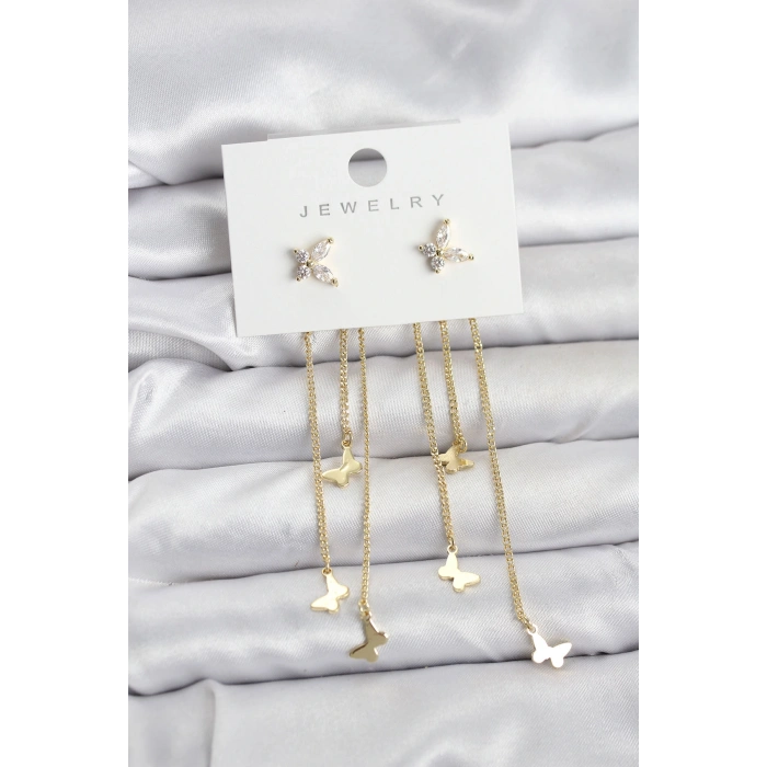 Kelebek Model Gold Renk Pirinç Sallantılı Kadın Küpe
