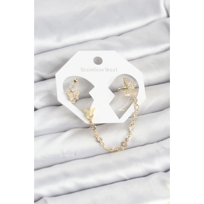 Kelebek Model Pirinç Gold Renk Zincir Bağlantılı Ear Cuff Küpe Seti