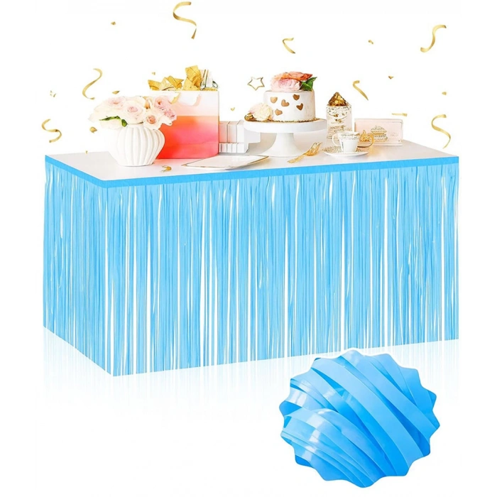 Kendinden Yapışkanlı Makaron Mavi Püsküllü Masa Eteği – 75 x 275 cm Parti Süslemesi