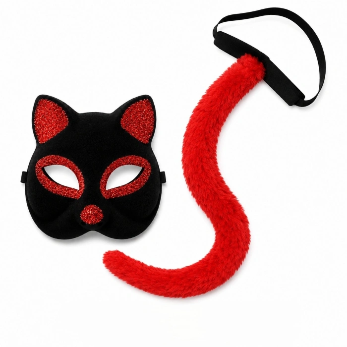 Kırmızı Kedi Maske + Kuyruk Seti (Parti Kostüm Aksesuarı)