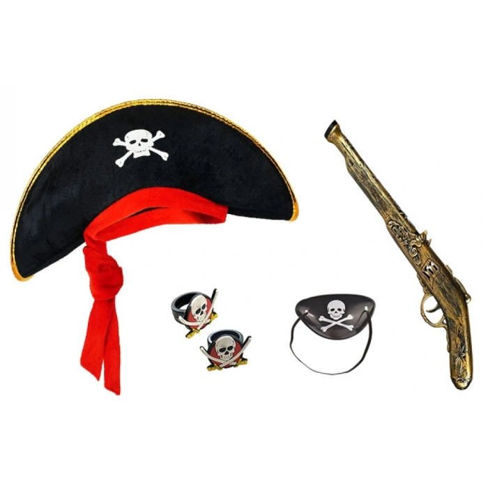 Parti Korsan Şapkası + Maske + 2 Adet Yüzük Kostüm Seti (Çocuk)