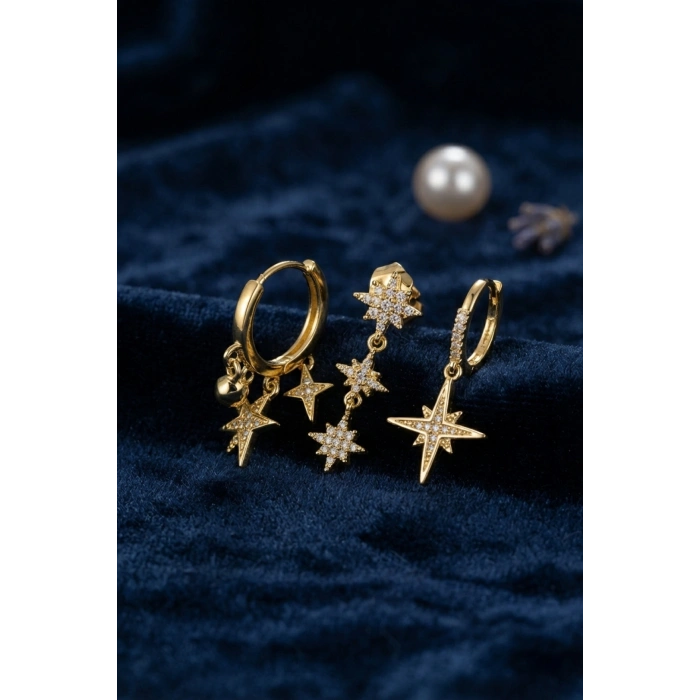 Kutup Yıldızı Model Gold Renk 3 lü Küpe Set