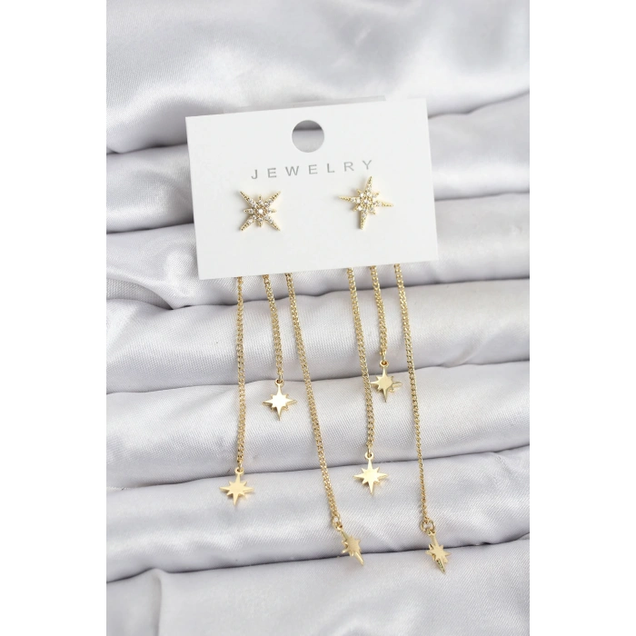 Kutup Yıldızı Model Gold Renk Pirinç Sallantılı Kadın Küpe
