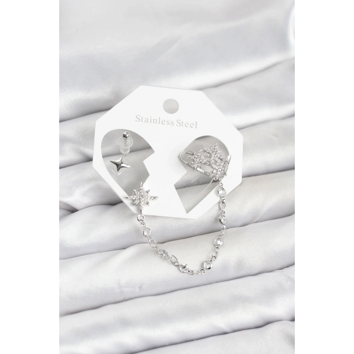 Kutup Yıldızı Model Pirinç Gümüş Renk Zincir Bağlantılı Ear Cuff Küpe Seti