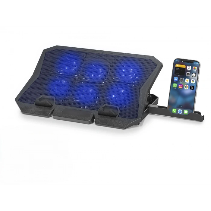 Laptop Soğutucu 6 Fanlı, Ledli + Telefon Standlı (Siyah - HDX4254)