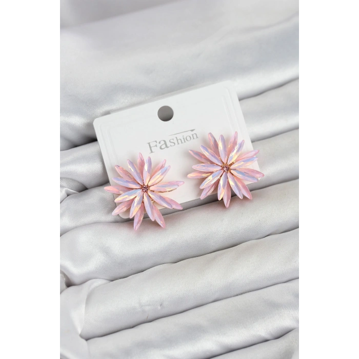Lotus Model Pembe Renk Kristal Taşlı Kadın Küpe