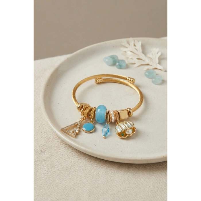 Mavi Deniz Kabuğu Model Gold Renk Charmlı Bileklik