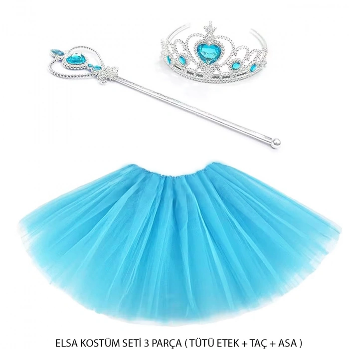 Mavi Prenses Elsa Kostüm Seti 3 Parça (Tütü Etek + Taç + Asa )