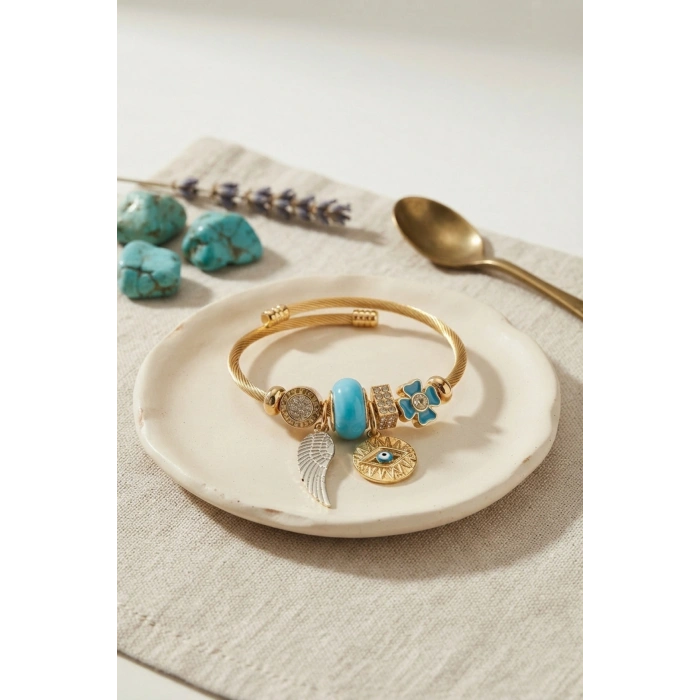 Mavi Renk Göz Model Gold Charmlı Bileklik
