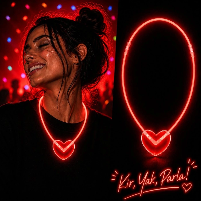 Fosforlu Kalp Kolyesi (Kırmızı Neon Işıklı)