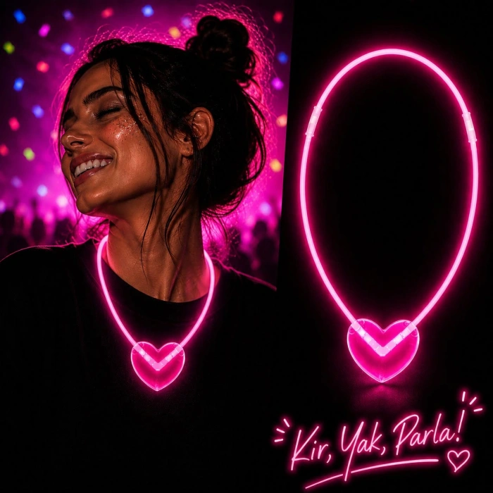 Fosforlu Kalp Kolyesi (Pembe Neon Işıklı)