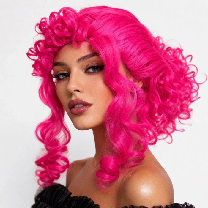 Cosplay Peruğu Neon Pembe (Fuşya) Bukleli Kıvırcık (iç Astarlı)