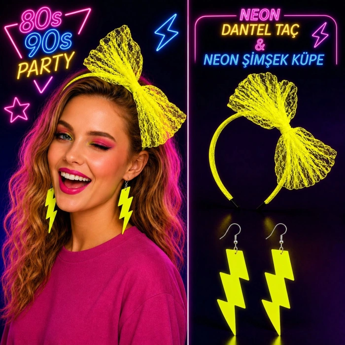 Neon Sarı Dantel Taç + Şimşek Küpe Parti Seti