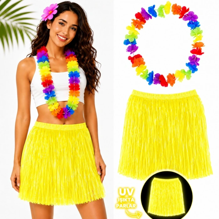 Neon Sarı Hawai Etek (40cm) + Rengarenk Hawai Kolye