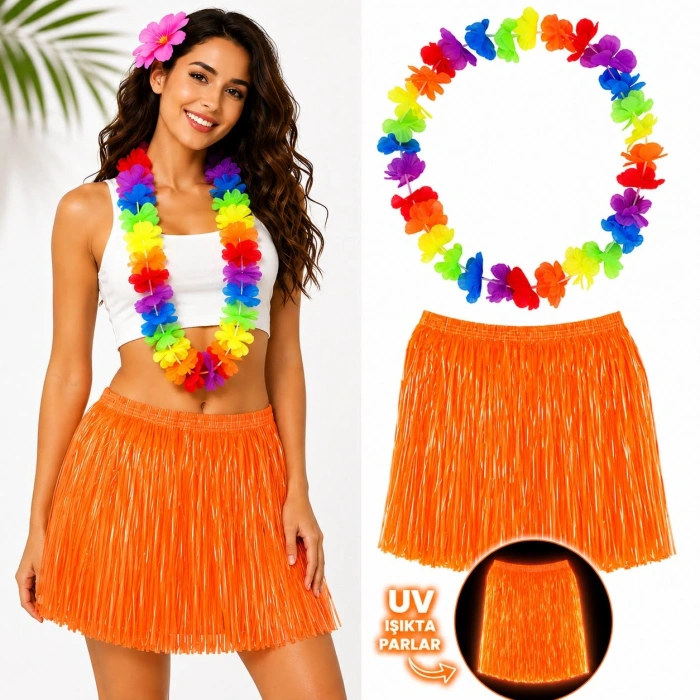 Neon Turuncu Hawai Etek (40cm) + Rengarenk Hawai Kolye