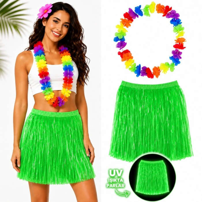 Neon Yeşil Hawai Etek (40cm) + Rengarenk Hawai Kolye